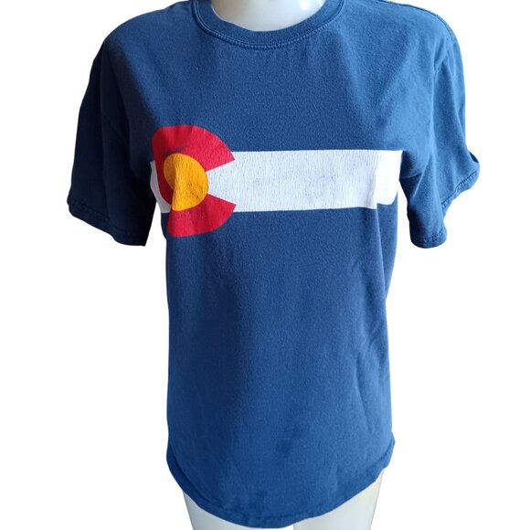 Vinage Women's Small T-shirt Y2K Colorado State Flag Navy Blue Crew Neck Gildan - Picture 2 of 7